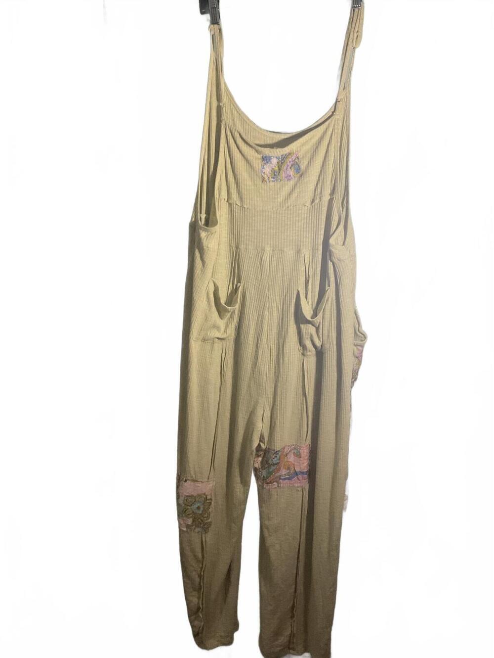 POL Light Weight Ribbed Boho Sage Overalls with Floral Patch Details L - Picture 2 of 11